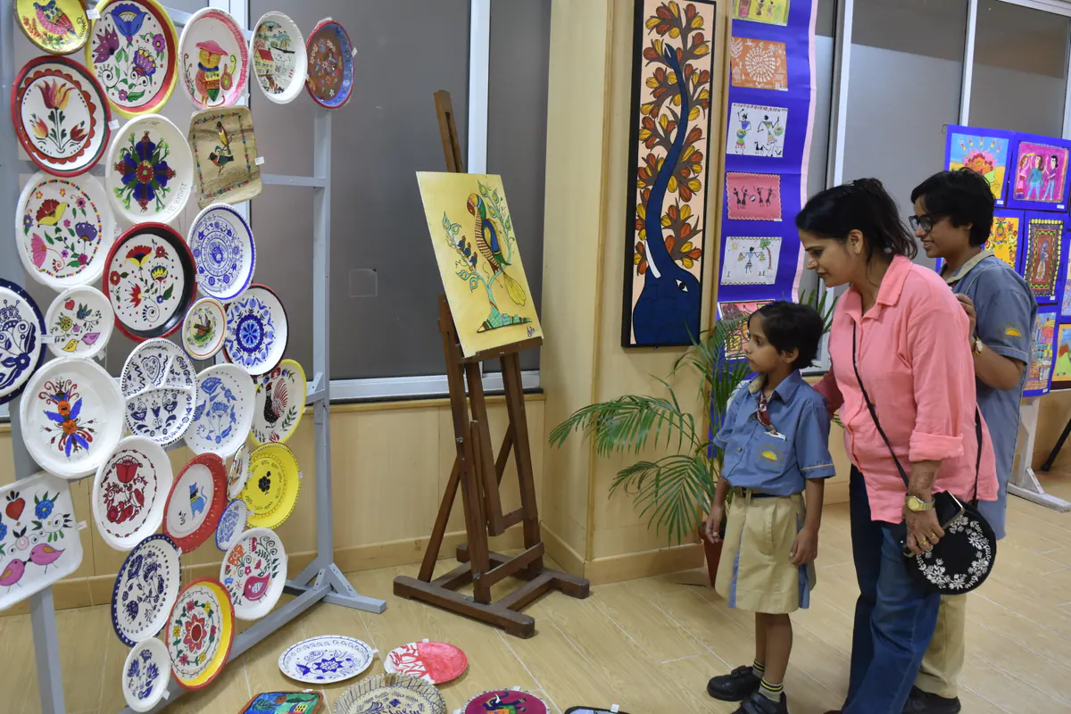 Families viewing student work during a school exhibition