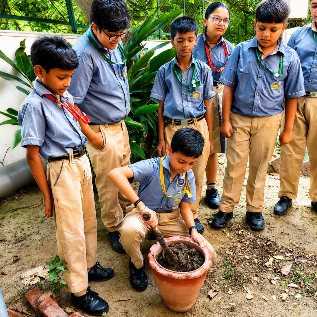 Students tending plants in the school garden