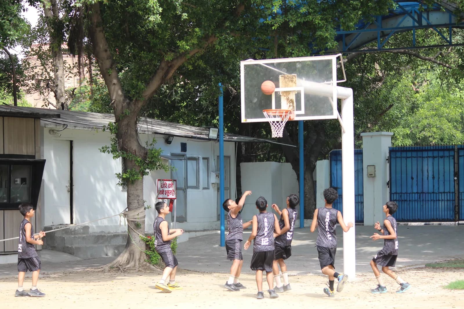 Basketball court with backboards and marked play area