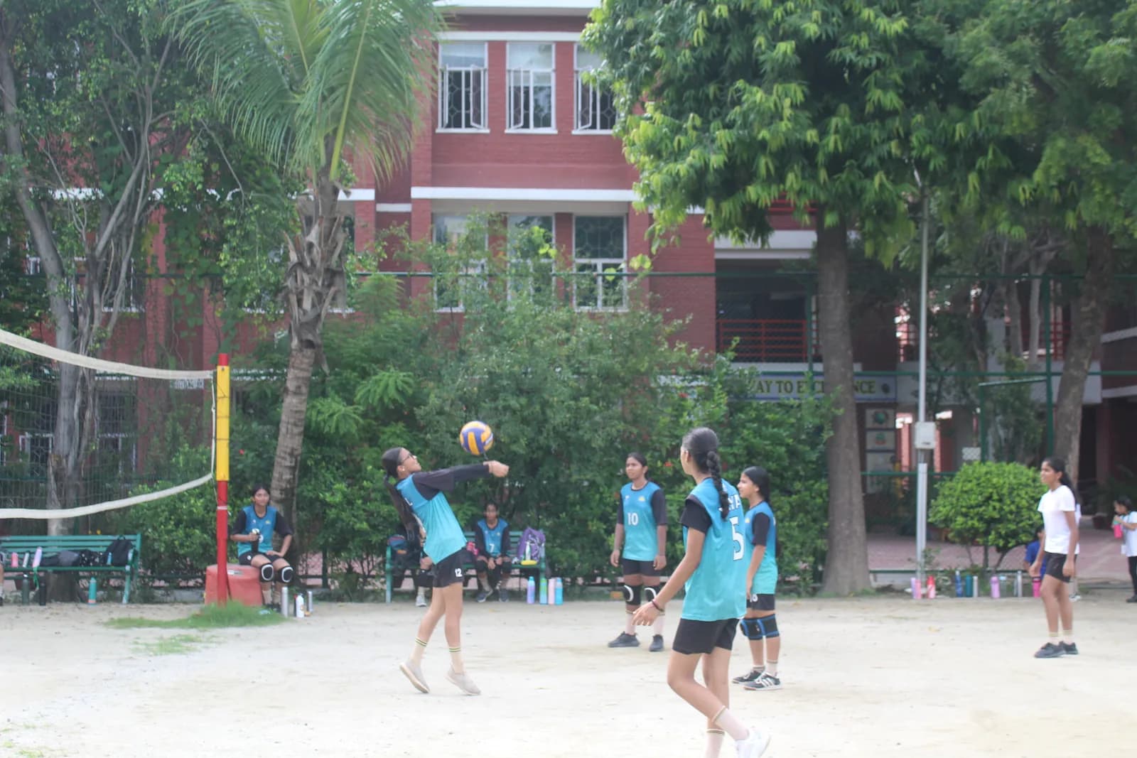 Volleyball court with the net set up for a match